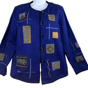 Indigo Moon Jacket Women Size M VTG Embroidered Blue Lined Buttons Art Boho